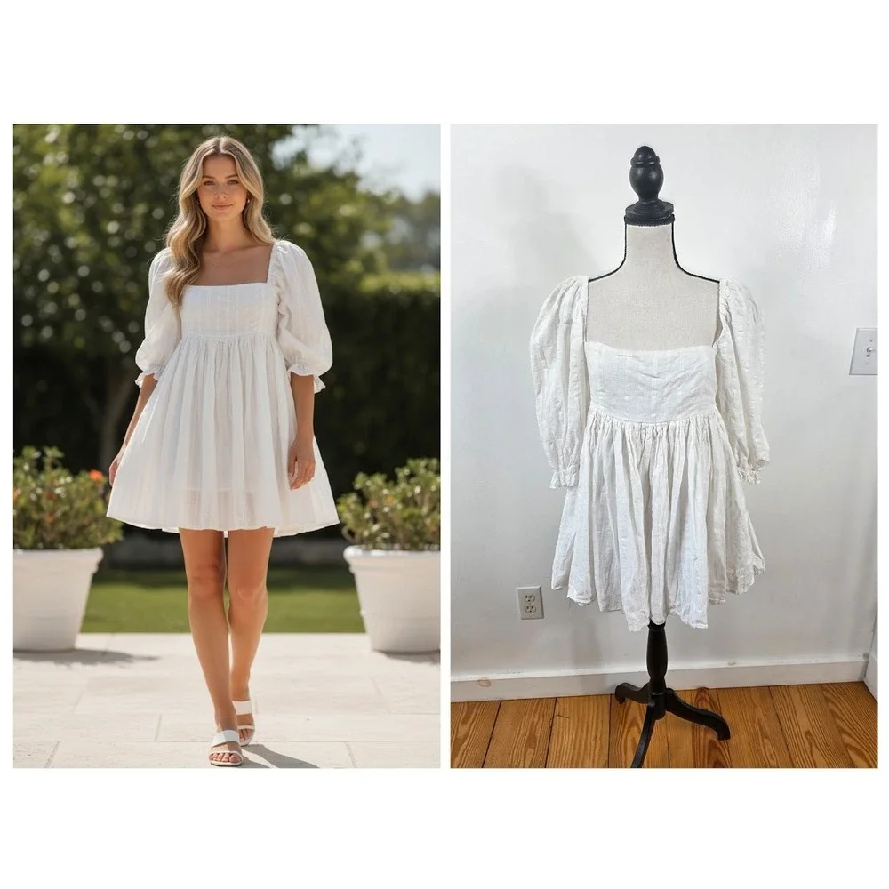 Mable Anthropologie Babydoll Dress Women L White Puff Sleeve Square Neck Cotton - Picture 1 of 7